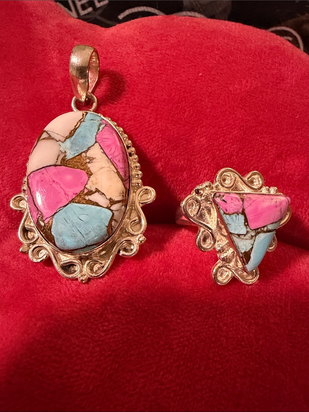 Pink and Turquoise Cotton Candy Inlay Pendant and Ring Set - Women Jewelry
